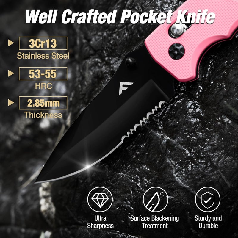 FLISSA Folding Pocket Knife with Clip, Glass Breaker and Seatbelt Cutter, Survival Knife for Emergency Rescue Situations, EDC Knife for Tactical, Hunting, Camping, Outdoor, Unique Gifts for Dad, Father-Pink - Image 4
